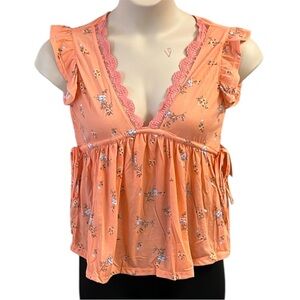 Passport Women’s V-Neck Floral Orange Ruffled Cap Sleeve Knit Blouse Size M
